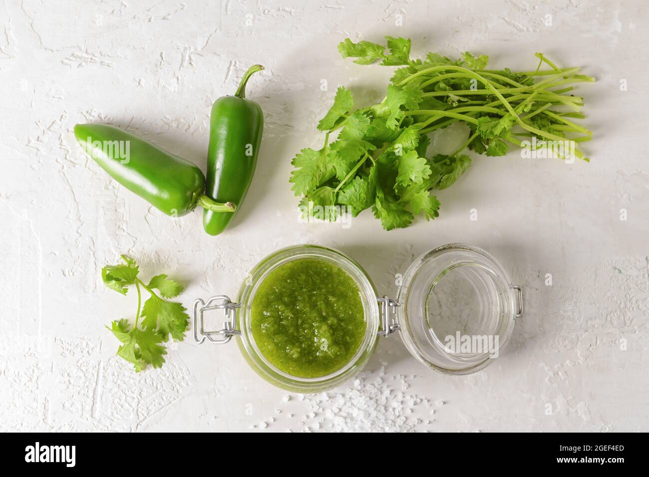 Glass jar of Tomatillo Salsa Verde sauce and ingredients on light background Stock Photo