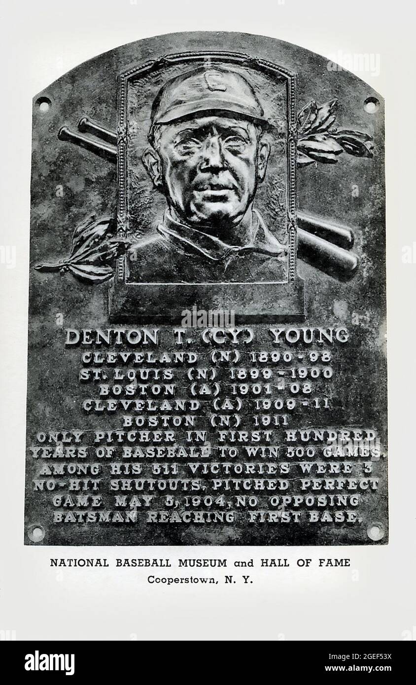 Souvenir black andwhite postcard depicting Cy Young's Hall of Fame Plaque in Cooperstown, New York Stock Photo