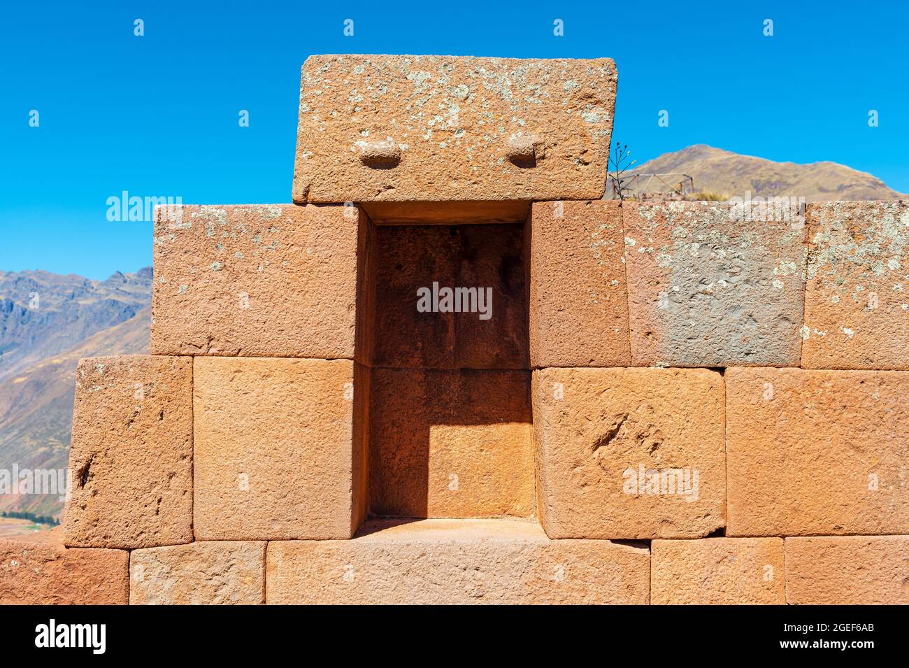 Inca wall architecture in Pisac, Cusco region, Peru. Stock Photo