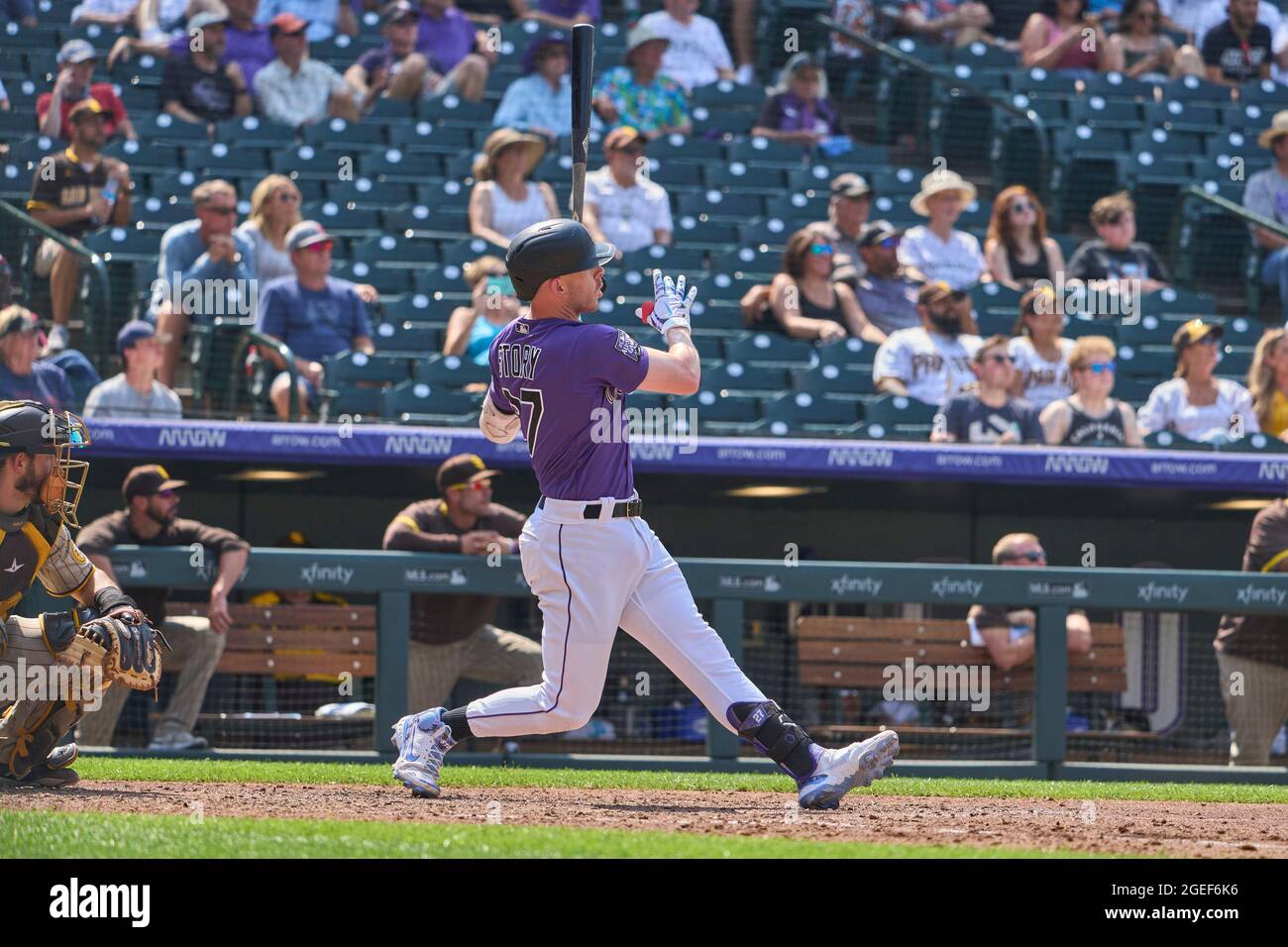 August 18 2021: Colorado shortstop Trevor Story (27) hits a homer and does a great bat flip during the game with San Diego Padres and Colorado Rockies held at Coors Field in Denver Co. David Seelig/Cal Sport Medi Stock Photo