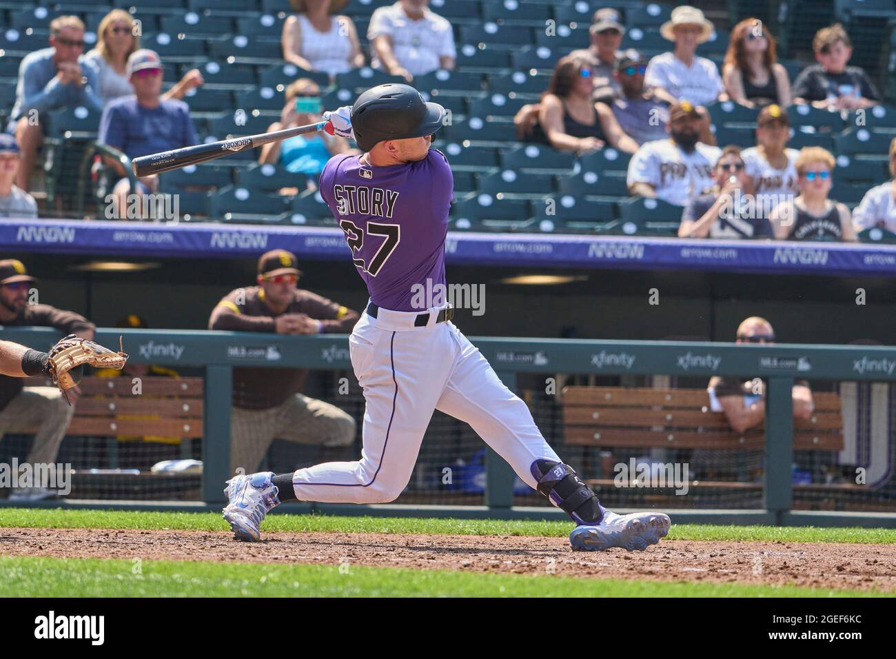 August 18 2021: Colorado shortstop Trevor Story (27) hits a homer and does a great bat flip during the game with San Diego Padres and Colorado Rockies held at Coors Field in Denver Co. David Seelig/Cal Sport Medi Stock Photo