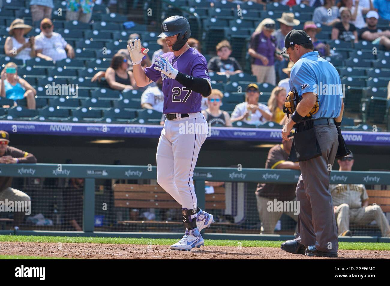 August 18 2021: Colorado shortstop Trevor Story (27) hits a homer and does a great bat flip during the game with San Diego Padres and Colorado Rockies held at Coors Field in Denver Co. David Seelig/Cal Sport Medi Stock Photo