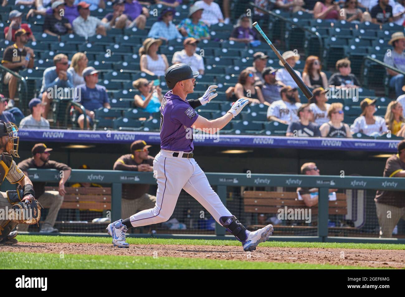 August 18 2021: Colorado shortstop Trevor Story (27) hits a homer and does a great bat flip during the game with San Diego Padres and Colorado Rockies held at Coors Field in Denver Co. David Seelig/Cal Sport Medi Stock Photo