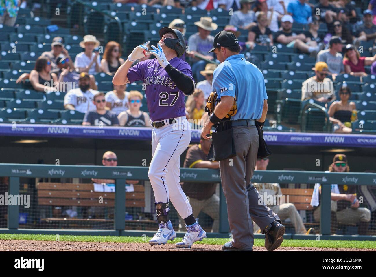 August 18 2021: Colorado shortstop Trevor Story (27) hits a homer and does a great bat flip during the game with San Diego Padres and Colorado Rockies held at Coors Field in Denver Co. David Seelig/Cal Sport Medi Stock Photo