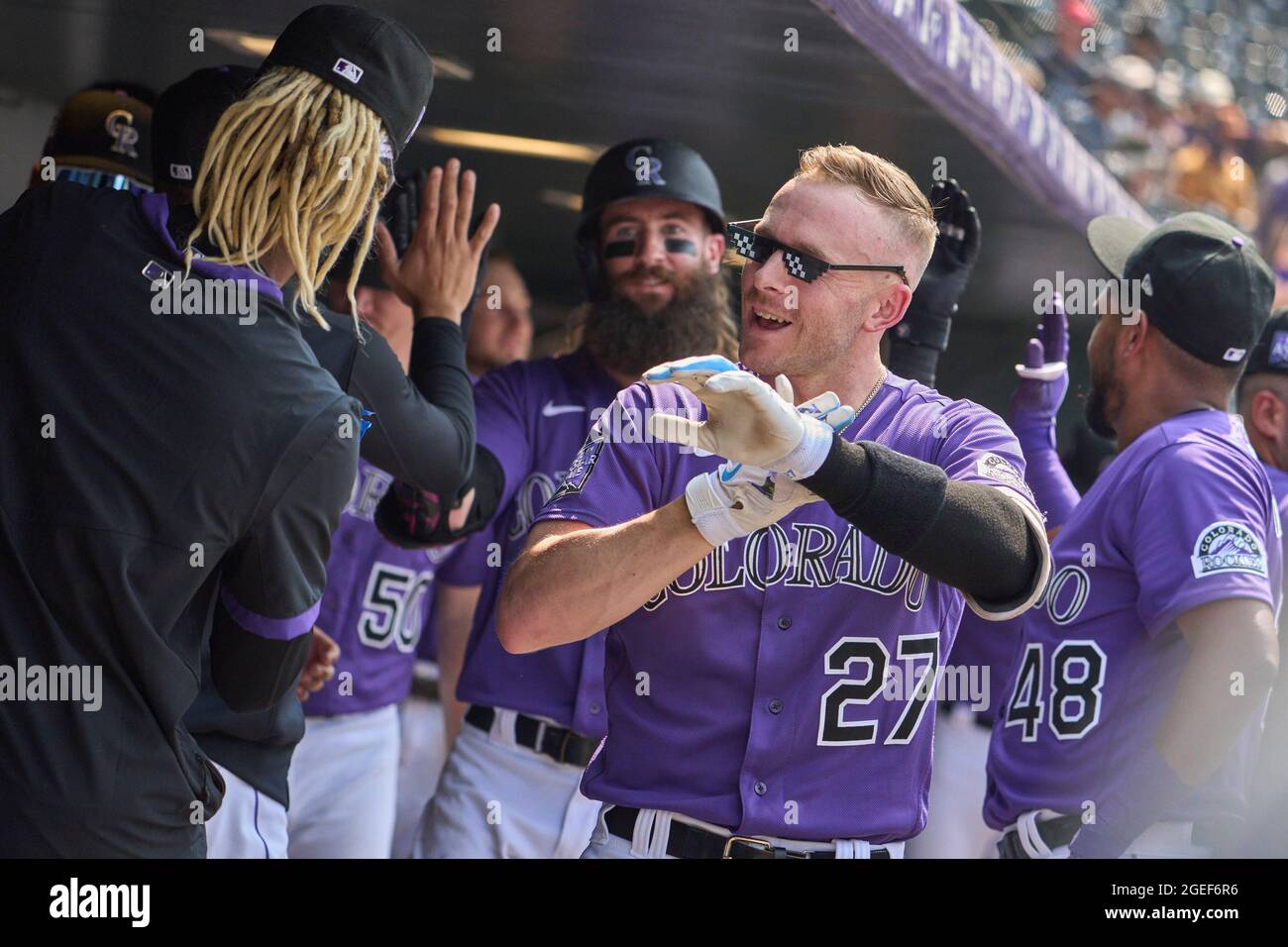 August 18 2021: Colorado shortstop Trevor Story (27) hits a homer and does a great bat flip during the game with San Diego Padres and Colorado Rockies held at Coors Field in Denver Co. David Seelig/Cal Sport Medi Stock Photo