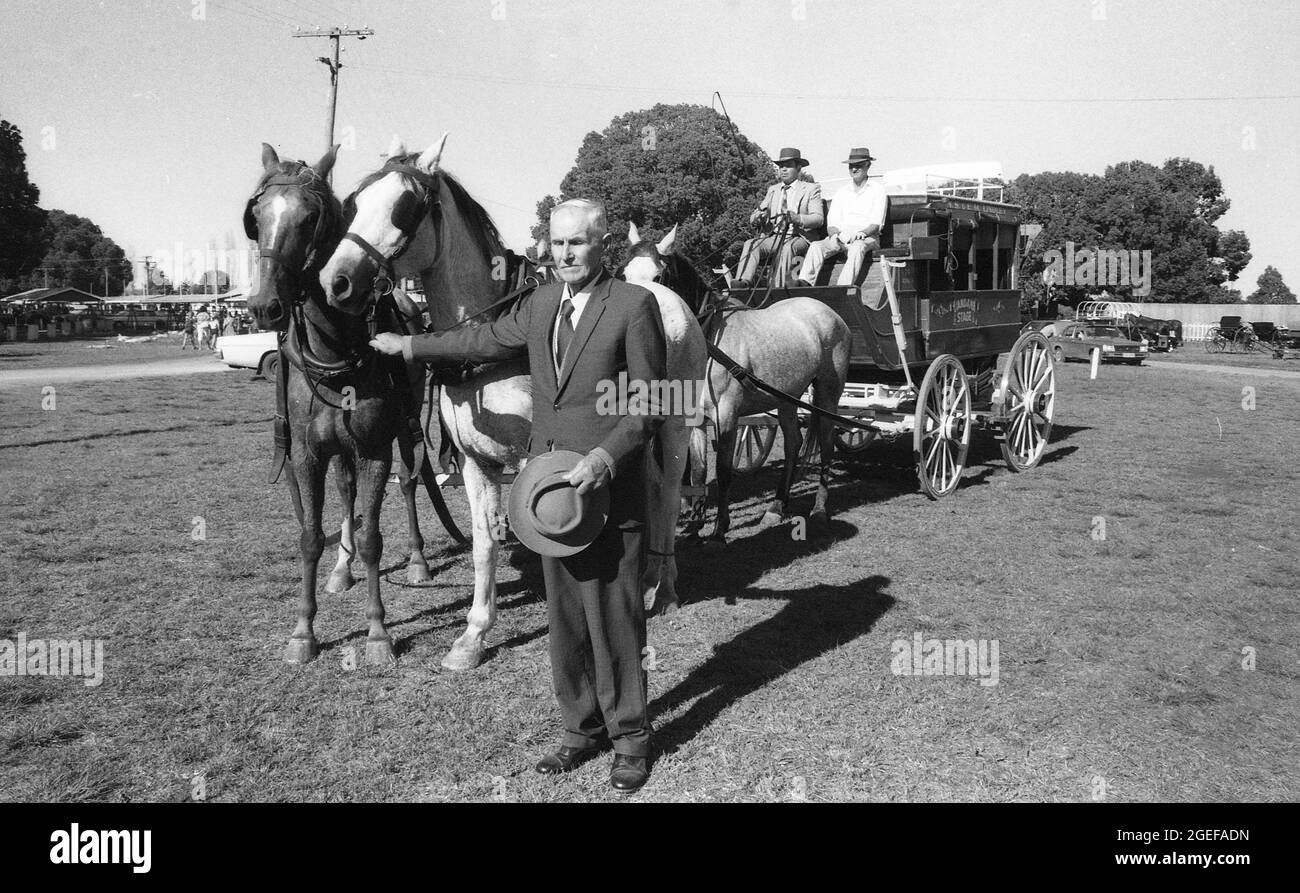 KINGAROY, QUEENSLAND, AUSTRALIA, 28 APRIL, 1984: An elderly man poses with his stagecoach at the annual Kingaroy Peanut Festival, 1984. Scanned from original negatives for newspaper publication. Stock Photo