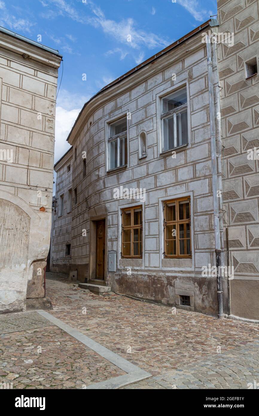 Street corner with old houses with sgraffito facades, a special carving technique in slavonice in the czech republic Stock Photo