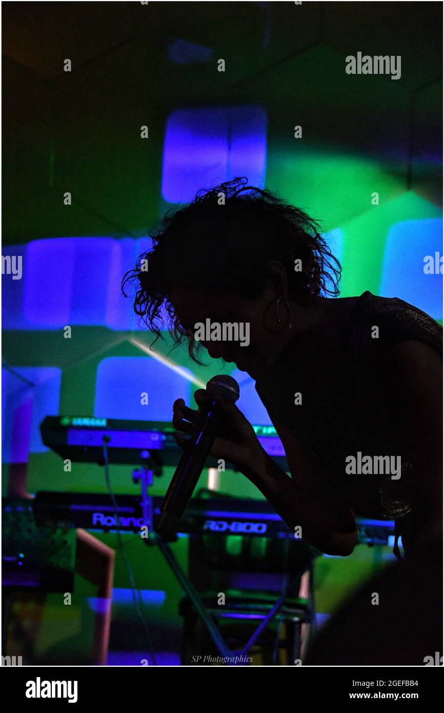 Silhouette Korean holding a microphone singing with exciting with