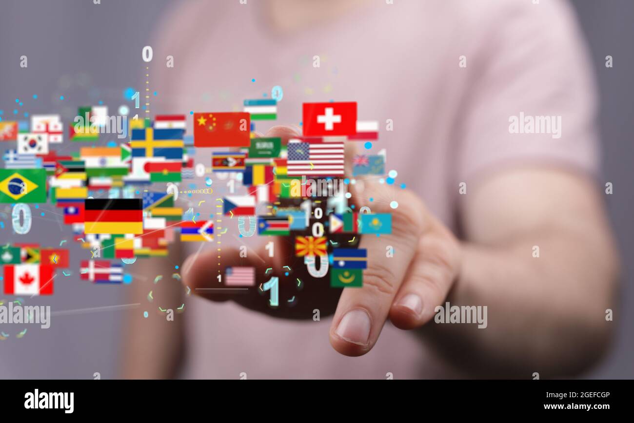 Hand selecting from a connected network of international flags Stock ...