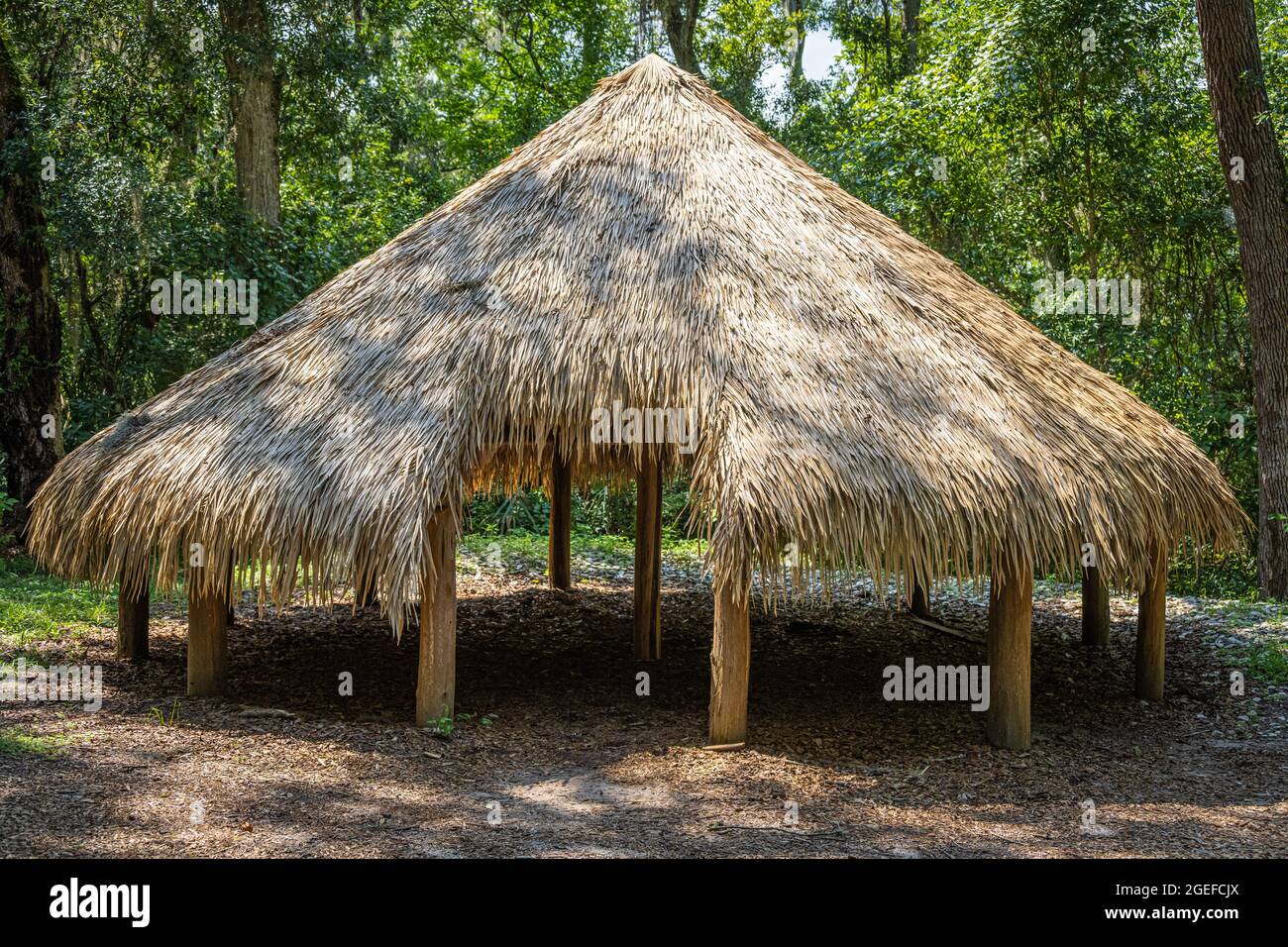 Replica of a Timucuan Indian shelter along the Huguenot Memorial Trail at Fort Caroline National Memorial in the Timucuan Preserve in Jacksonville, FL. Stock Photo