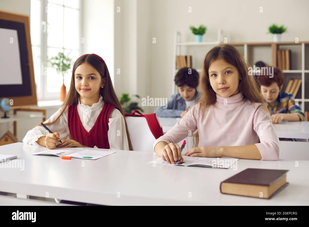 Elementary or secondary school girl pupils sitting at desk in classroom portrait Stock Photo