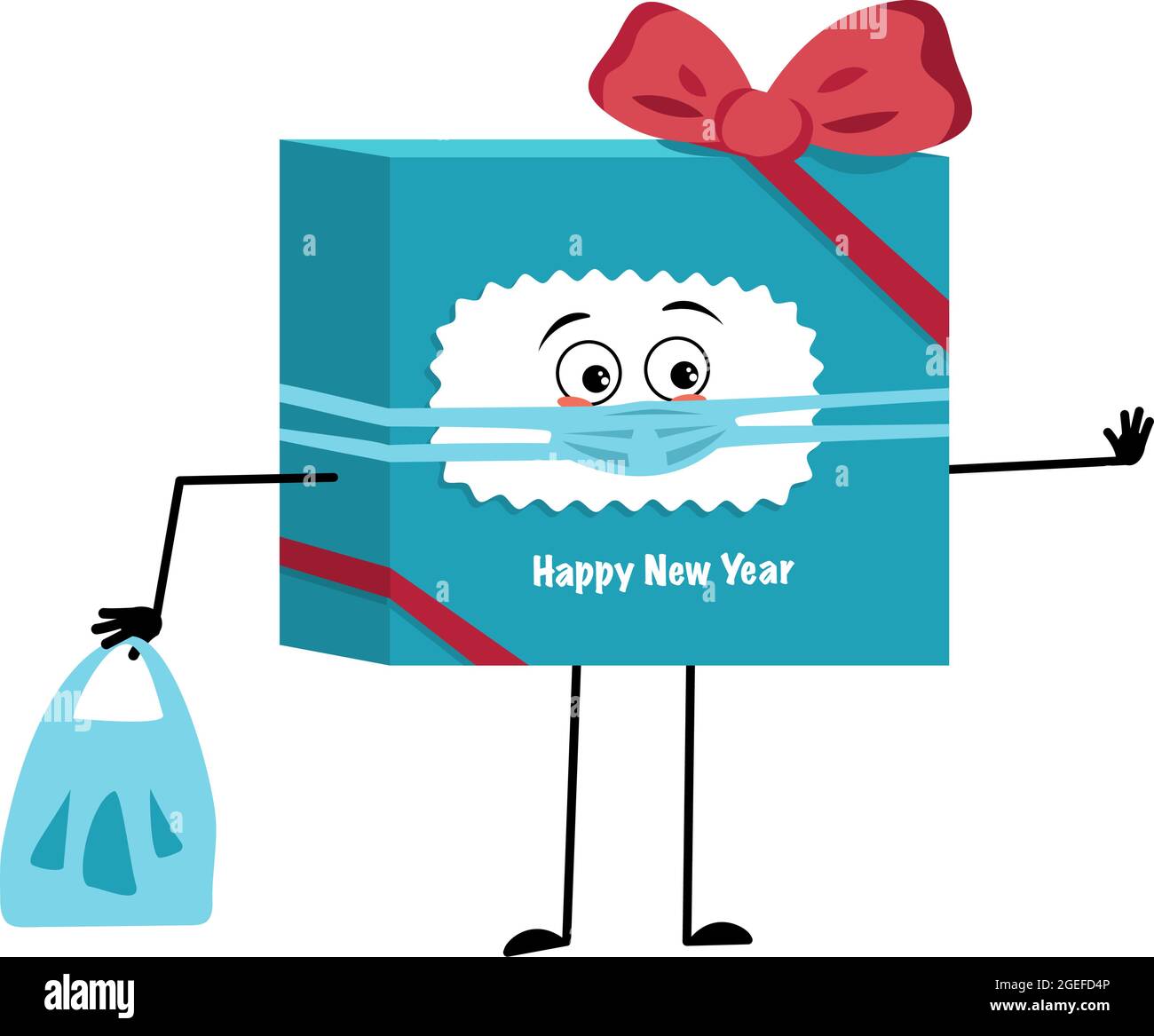 Cute character gift box for new year with bow and sad emotions, face and mask keep distance, hands with shopping bag and stop gesture. Festive packaging for Christmas Stock Vector