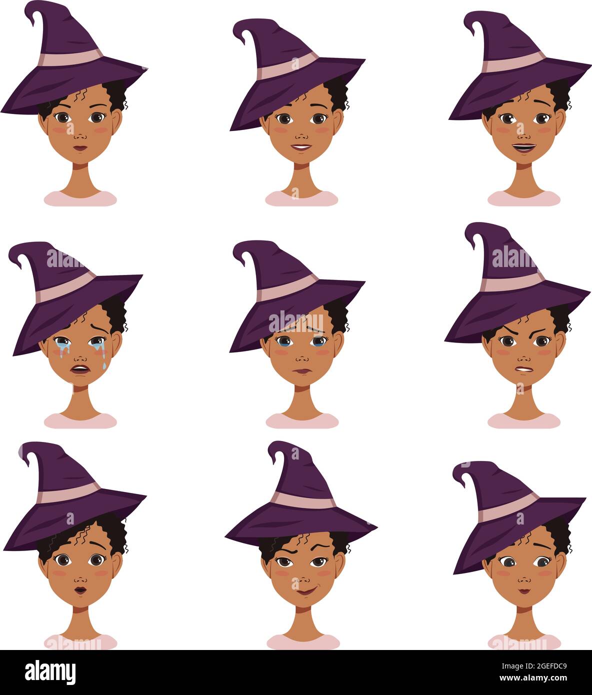 Set of facial expressions of an African American woman avatar with black curly hair in a pointed witch hat. Different emotions. Attractive cartoon character for Halloween autumn holiday in costume Stock Vector