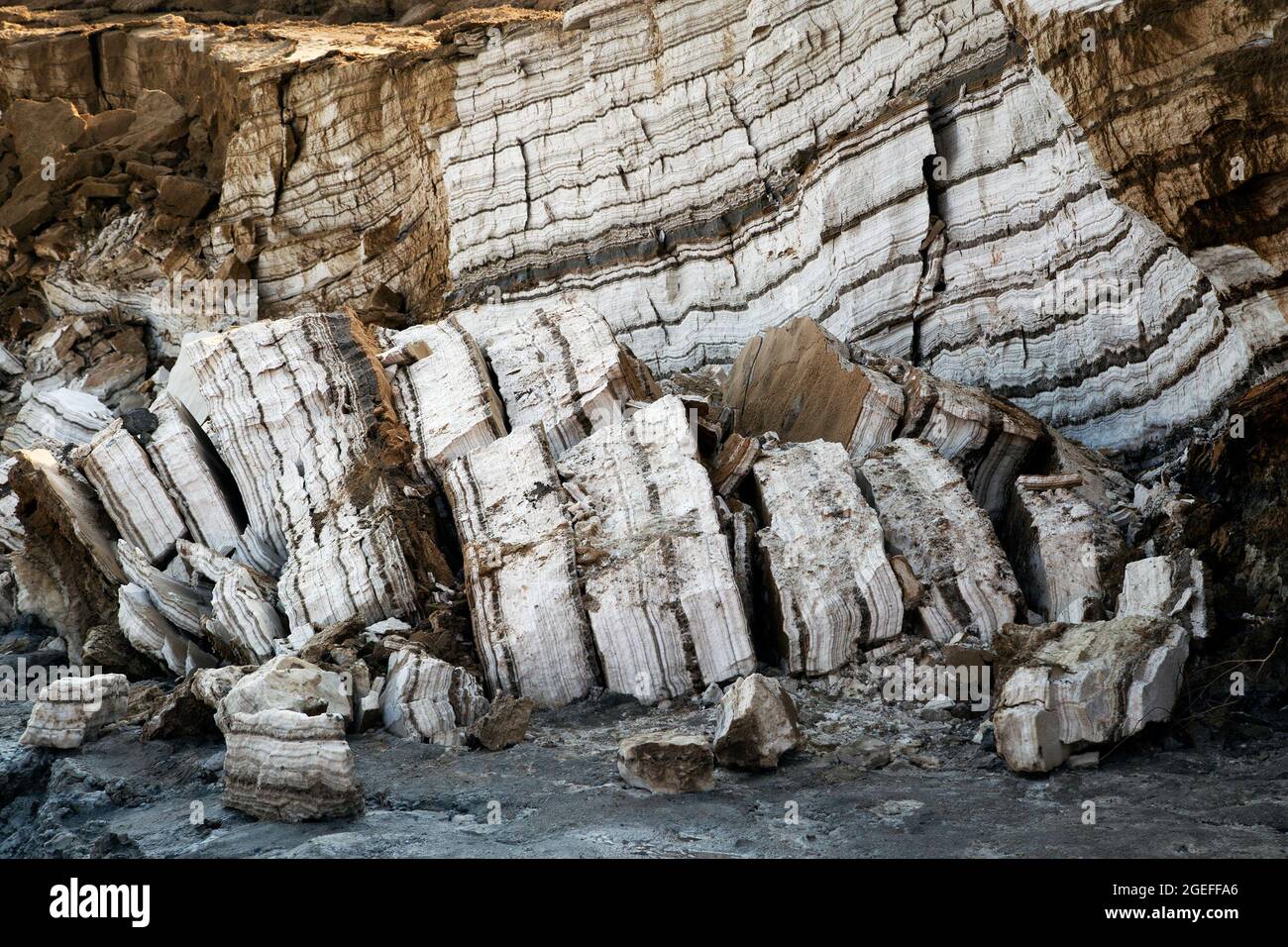 Annual layers of salt and minerals deposited on the shore of the Dead Sea being exposed by dropping water level, Israel Stock Photo