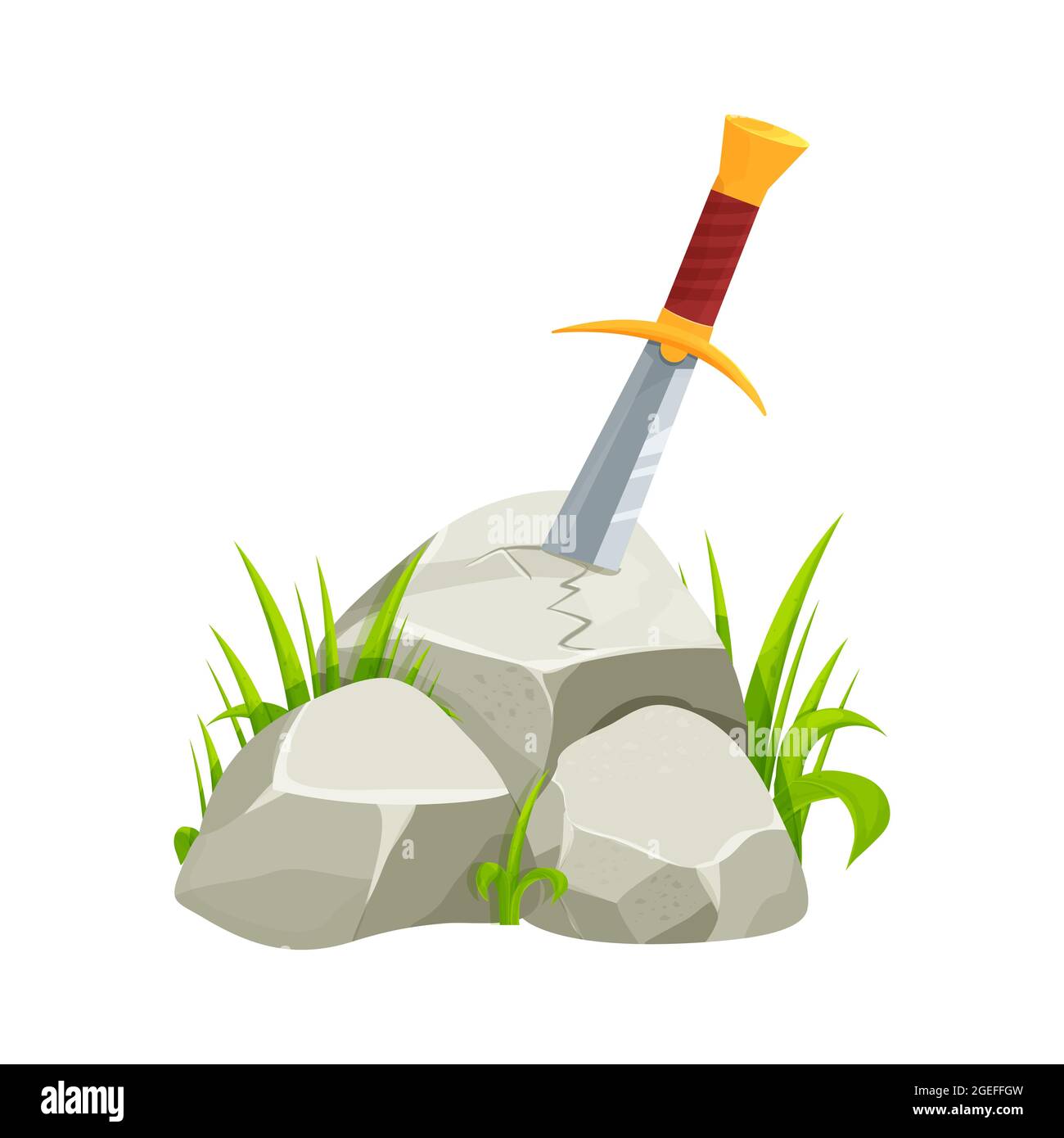 Sword in stone, medieval myth in cartoon style isolated on white background. Magical excalibur with gold details. Antique bravery tale. Vector illustration Stock Vector