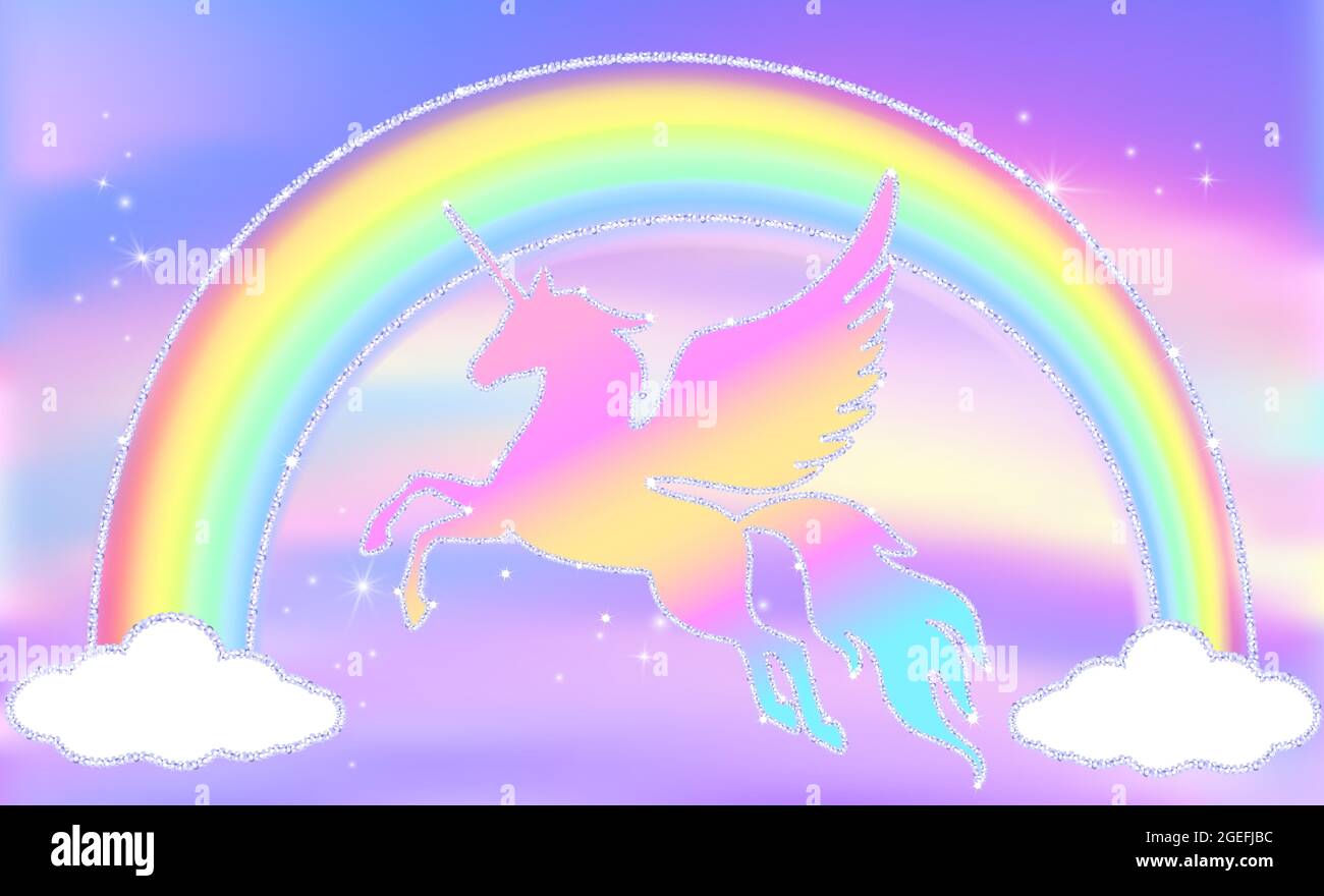 Silhouette of a unicorn on a pink sky with stars, glitter and a rainbow ...