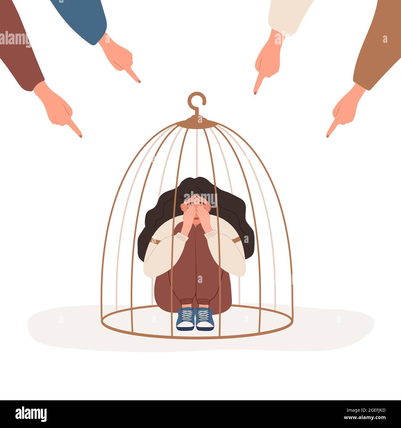 Girl locked in cage. Fingers pointing on sad woman. Depressed teenager hugging knees and crying. School bullying. Empowerment movement. Vector Stock Vector