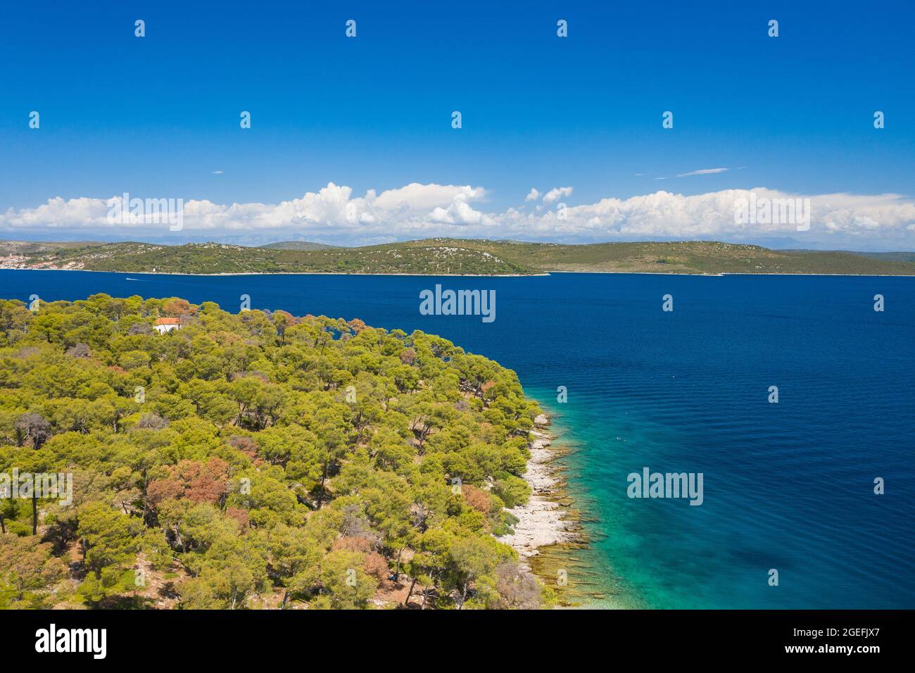 Amazing seascape on Adriatic sea, long shore of the island of Dugi Otok in Croatia, aerial view from drone. Stock Photo