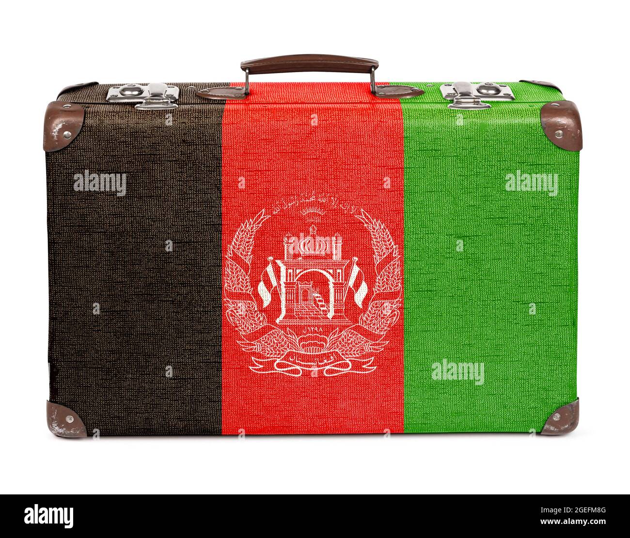 Old vintage suitcase with Afghanistan flag and colors isolated on white Stock Photo