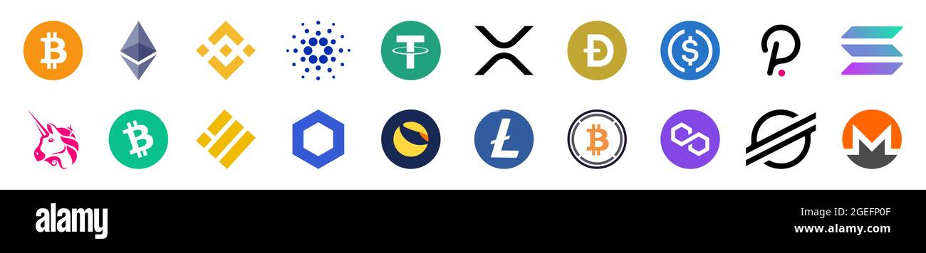 Vinnytsia, Ukraine - July 20, 2021. Top Cryptocurrency Logos. Bitcoin, Ethereum, Binance, Tether, XRP, Polkadot, Cardano, Uniswap, Litecoin, Chainlink Stock Vector