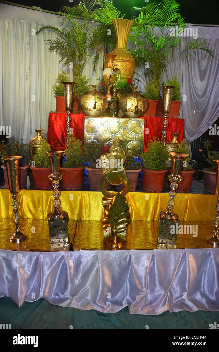 Indian Wedding Reception Decoration In Open Garden At Night Stock Photo