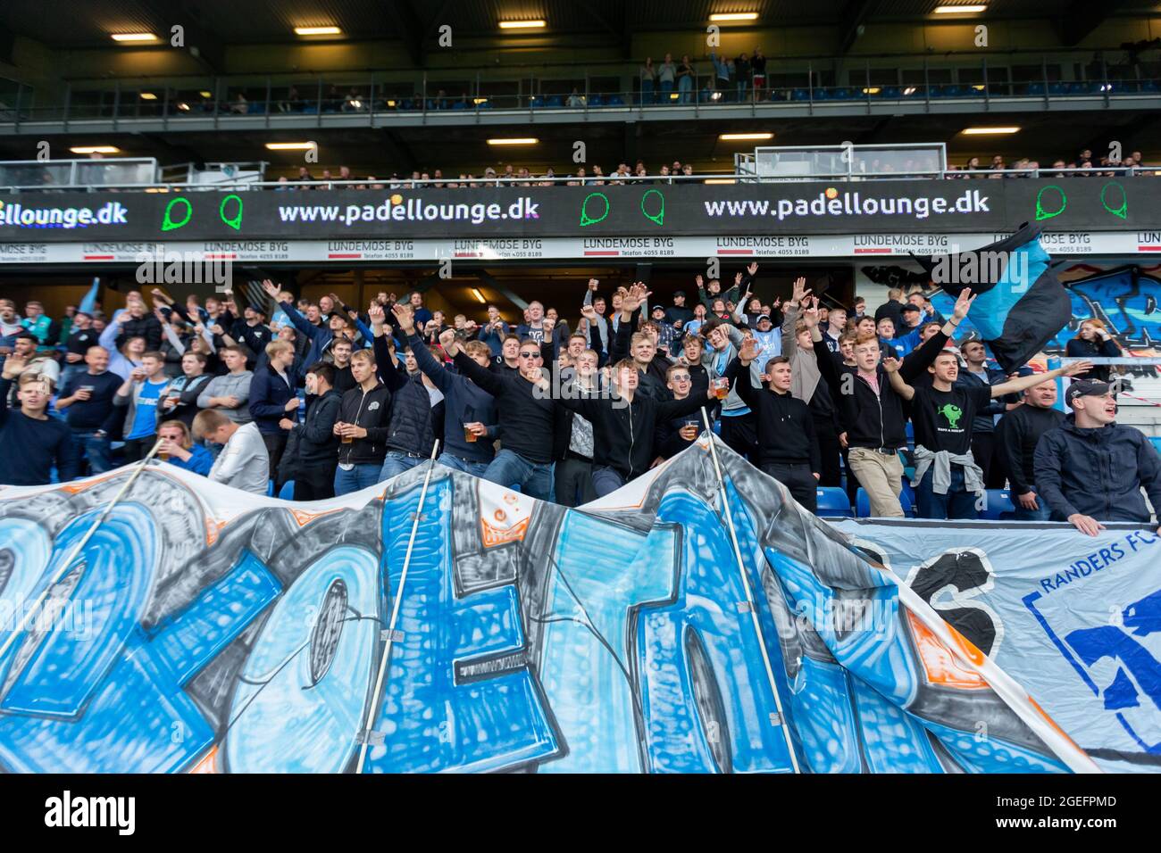 Randers, Denmark. 19th Aug, 2021. Football fans of Randers FC seen on the  stands during the UEFA Europa League qualification match between Randers FC  and Galatasaray at Cepheus Park in Randers. (Photo