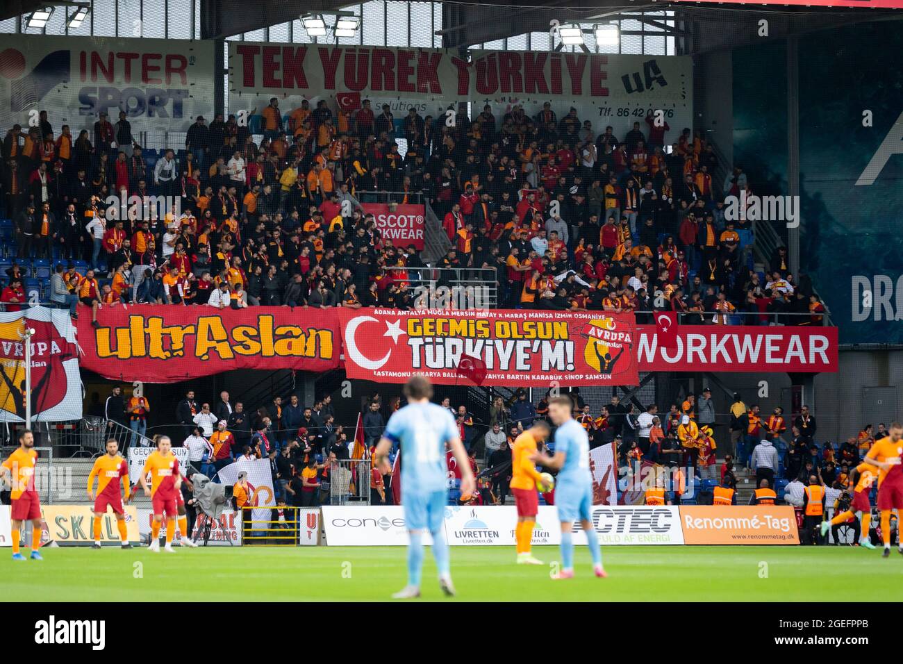 Randers, Denmark. 19th Aug, 2021. Football fans of Galatasaray seen on the  stands during the UEFA Europa League qualification match between Randers FC  and Galatasaray at Cepheus Park in Randers. (Photo Credit: