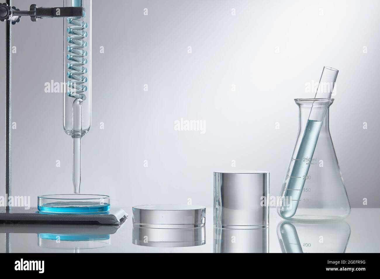 Stage showcase cosmetics on glass pedestal modern in laboratory ...