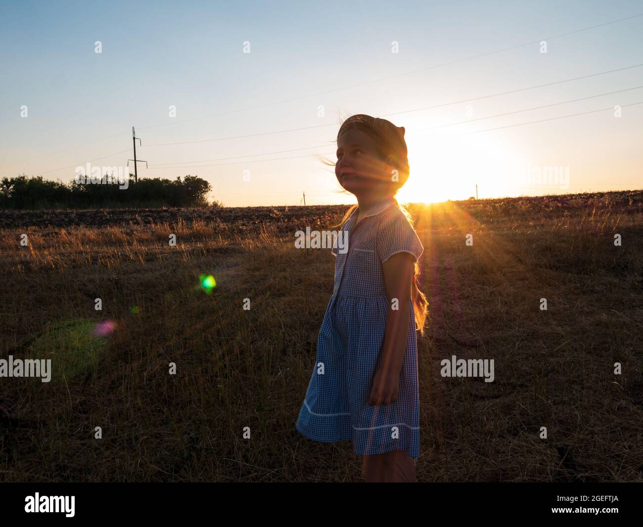 Adorable little girl in a straw hat and blue plaid dress in grass field ...