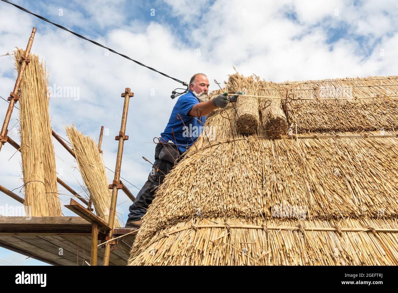 Fenit, Kerry, Ireland. 19th August, 2021. Master thatcher, Richard Ó Loideoin  working at the traditional craft of thatching on a roof at Chapeltown near Fenit, Co. Kerry, Ireland. - Picture; David Creedon / Alamy Live News Stock Photo