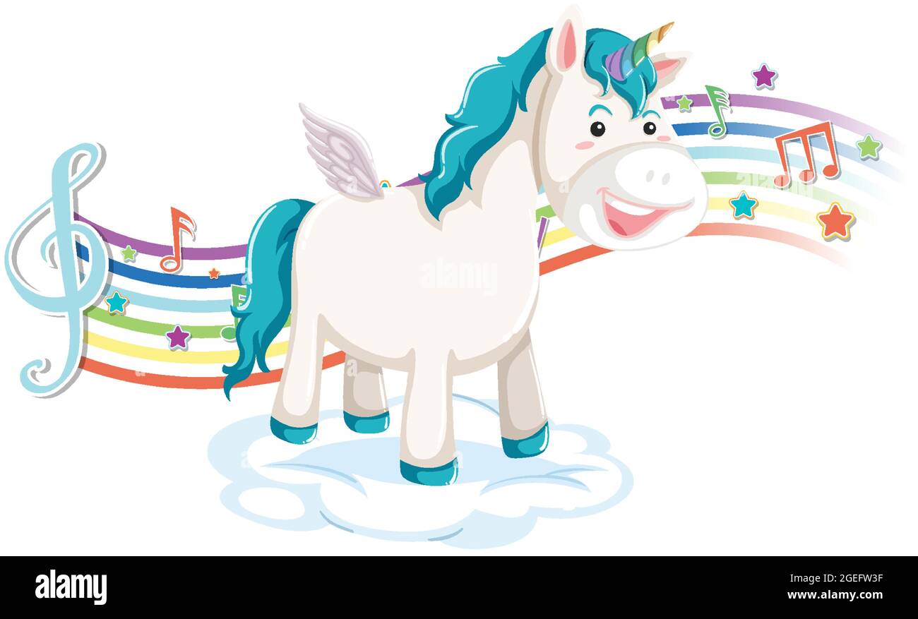 Cute unicorn standing on the cloud with melody symbols on rainbow ...