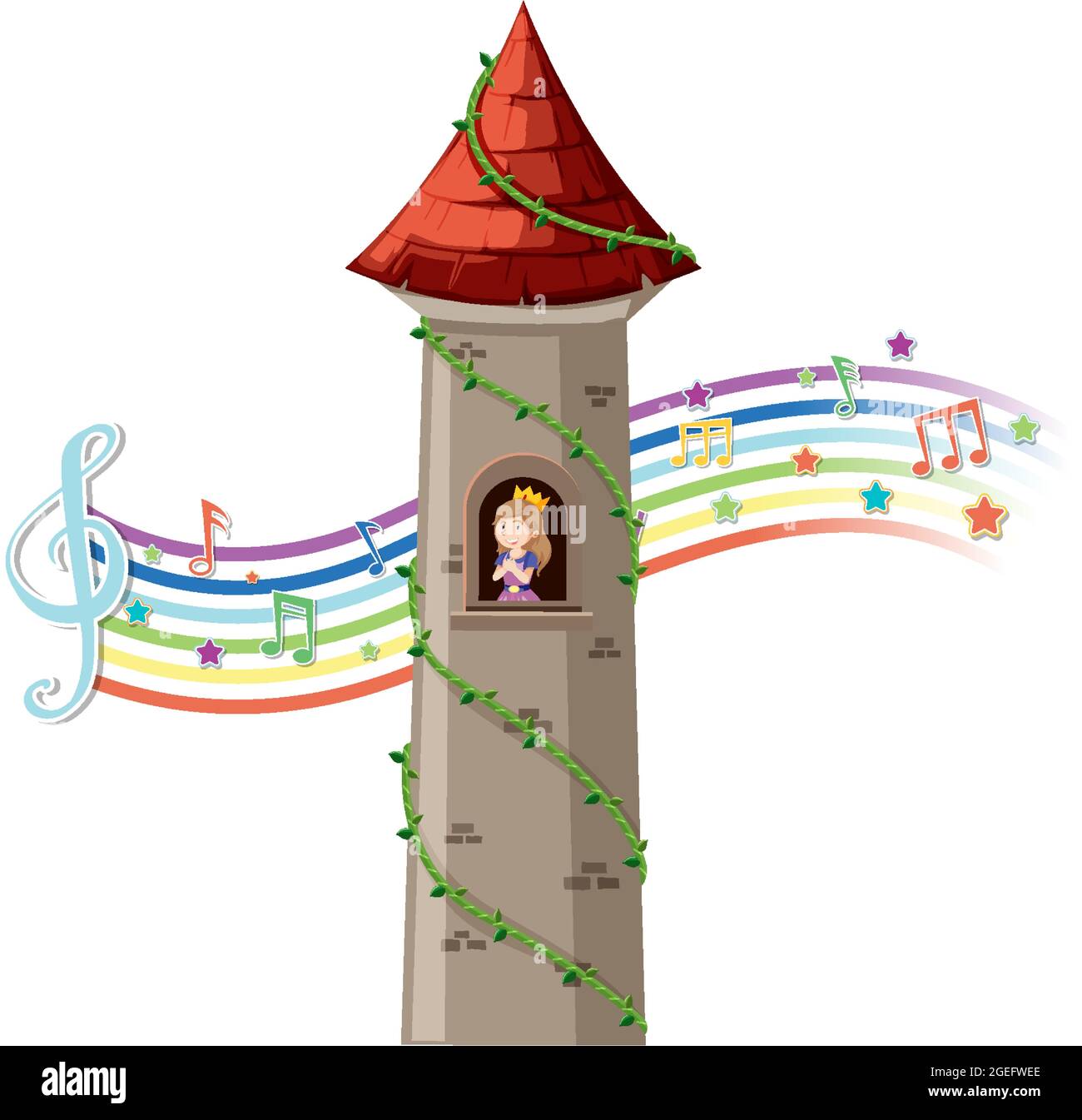 Princess in tower with melody symbol on rainbow illustration Stock ...