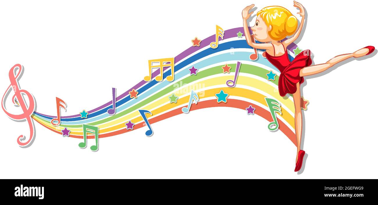 Ballerina with melody symbols on rainbow wave illustration Stock Vector ...