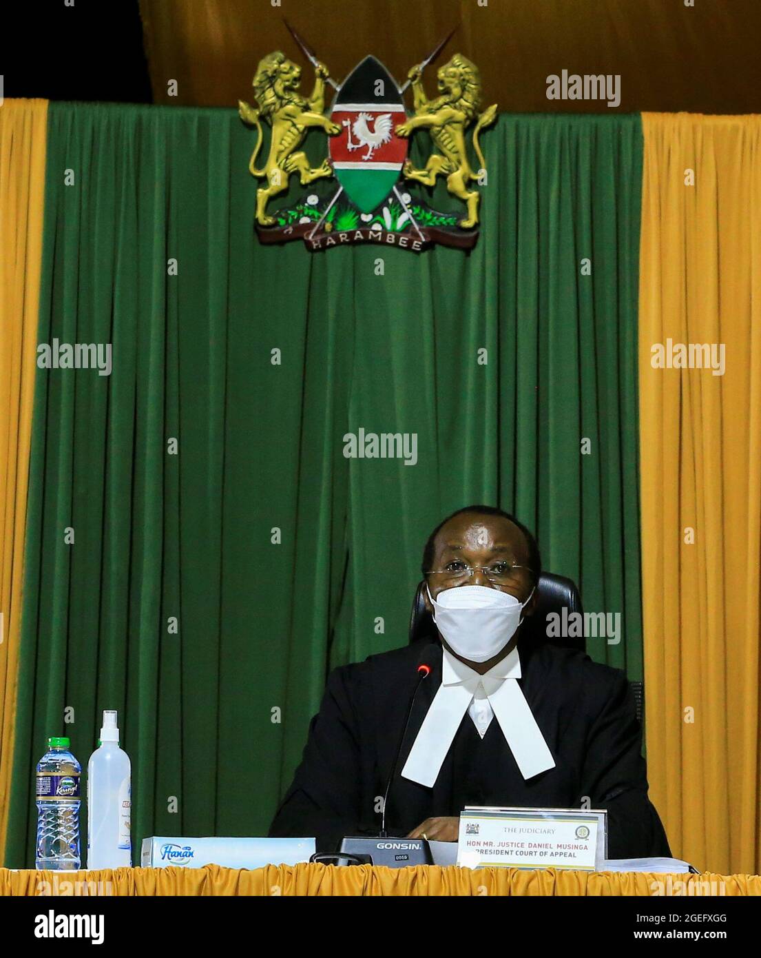 President of Kenya's Court of Appeal Daniel Musinga speaks during the ruling of the Building Bridges Initiatives (BBI) case, a key part of jostling ahead, of a presidential election due next year, at the Court of Appeal in Nairobi, Kenya August 20, 2021. REUTERS/Thomas Mukoya Stock Photo