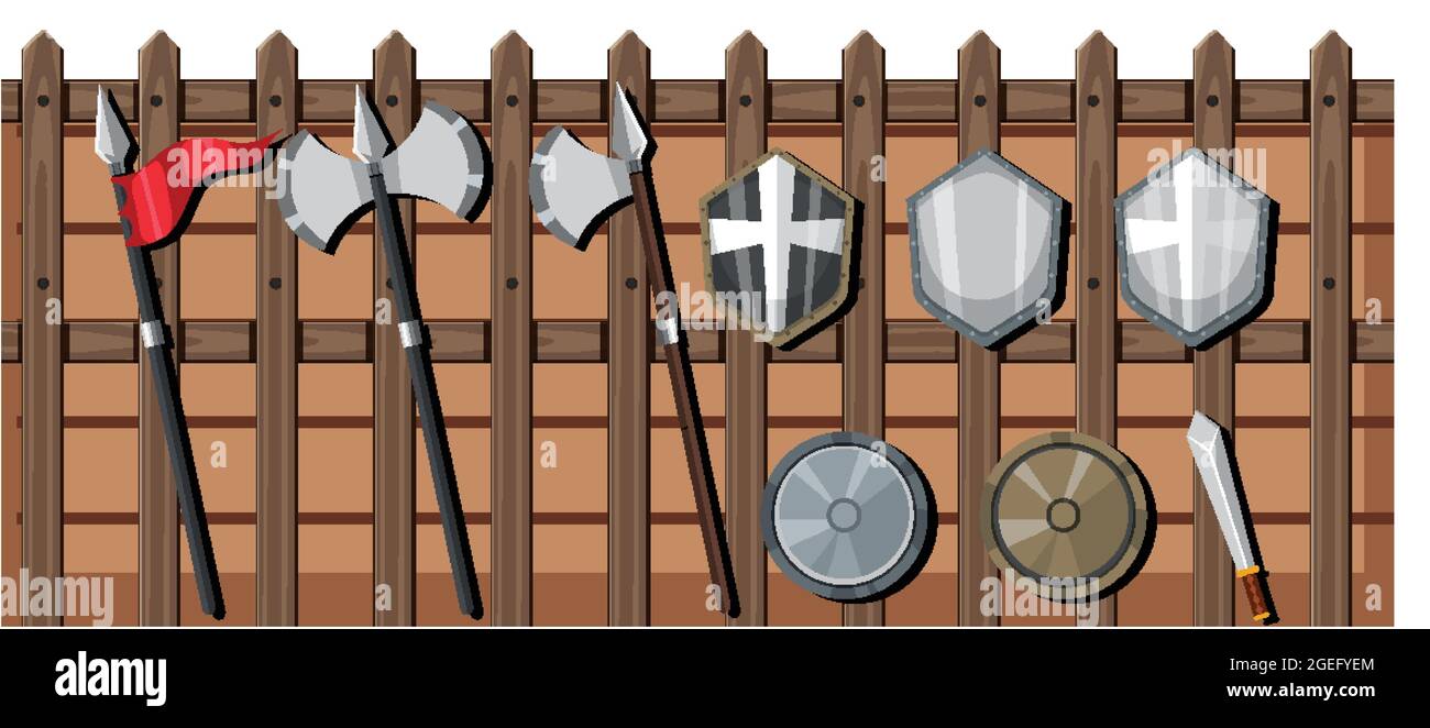 Army weapons hanging on wooden wall illustration Stock Vector