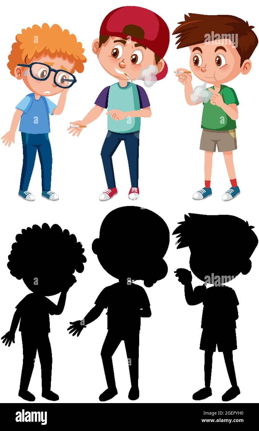 A boy with disappointed face because two boys want him to smoke with silhouette illustration Stock Vector