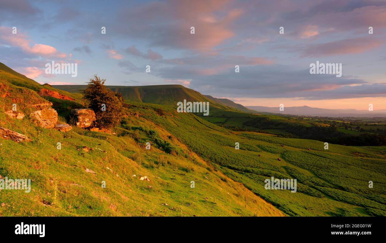 Hay-on-Wye, Wales - July 13, 2021:  Golden hour sunlight on the view from just below Gospel Pass over the northern foothills of the Black Mountains in Stock Photo