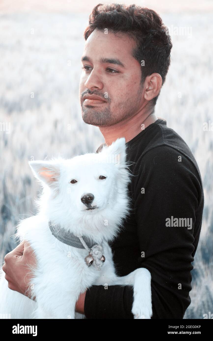 Indian rural model, photo shoot with her white dog, the morning in the