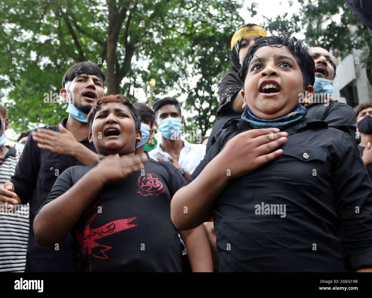 Dhaka, Bangladesh. 20th Aug, 2021. The tenth day of Muharram is celebrated as Ashura, Shia muslims celebrate the day as mourning day for recalling the martyrdom of Prophet Hazrat Muhammad's grandson Hazrat Imam Hussain, his relatives and 72 supporters during the clash of Karbala on this day in the Hijri year of 61, To recognize the day, consistently, Shias bring out customary parade known as Tazia in various regions of Bangladesh, including capital Dhaka. Credit: Abaca Press/Alamy Live News Stock Photo