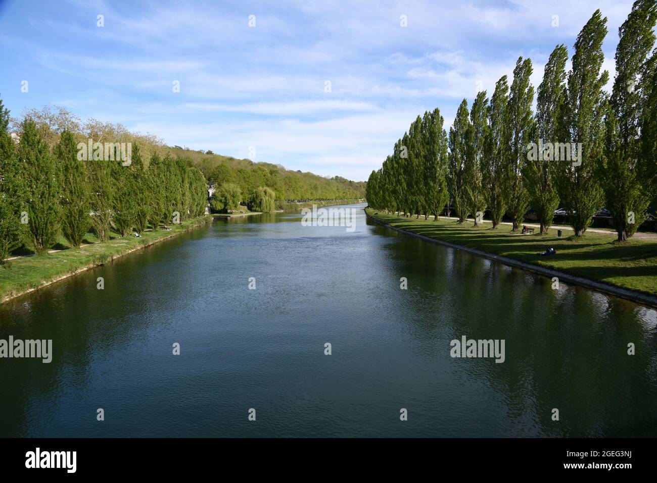 Melun (Paris area): banks of the River Seine and poplars Stock Photo