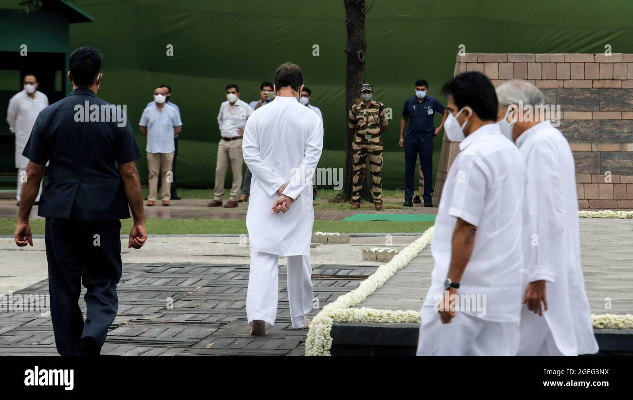 Indian National Congress party leader Rahul Gandhi pays a tribute to his father and the former Prime Minister Rajiv Gandhi on his 77th birth anniversary as the Congress party observes the day as 'Sadbhavana Diwas' at Veer Bhoomi in New Delhi.Rajiv Gandhi was born on August 20, 1944 and became the youngest Indian Prime Minister during 1984-89 and was assassinated in a terrorist attack by Liberation Tigers of Tamil Eelam (LTTE) rebel separatists, in the town of Sriperumpudur in the Tamil Nadu state during the electoral campaigning on May 21, 1991. (Photo by Naveen Sharma/SOPA Images/Sipa USA) Stock Photo