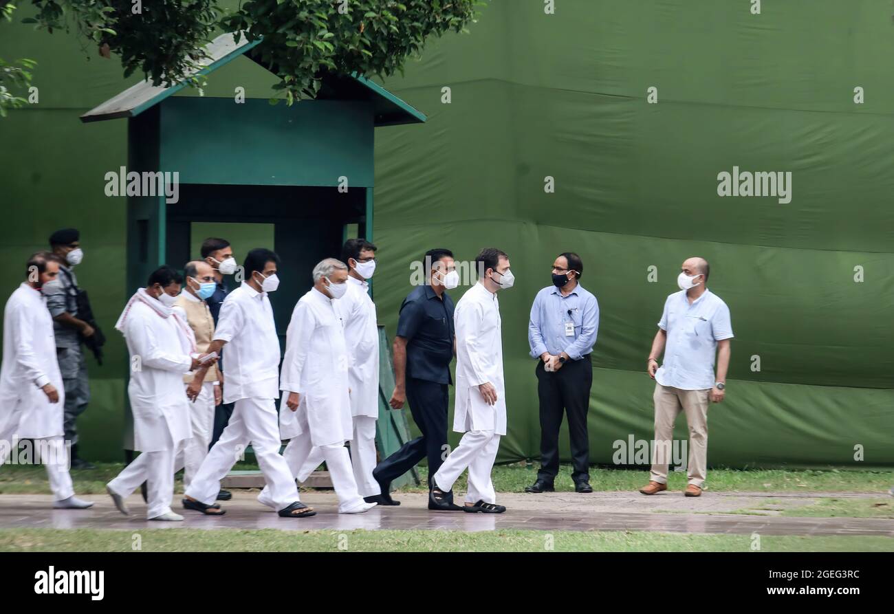 Indian National Congress party leader Rahul Gandhi with other party senior leaders arrives to pay a tribute to his father and the former Prime Minister Rajiv Gandhi on his 77th birth anniversary as the Congress party observes the day as 'Sadbhavana Diwas' at Veer Bhoomi in New Delhi.Rajiv Gandhi was born on August 20, 1944 and became the youngest Indian Prime Minister during 1984-89 and was assassinated in a terrorist attack by Liberation Tigers of Tamil Eelam (LTTE) rebel separatists, in the town of Sriperumpudur in the Tamil Nadu state during the electoral campaigning on May 21, 1991. (Photo Stock Photo