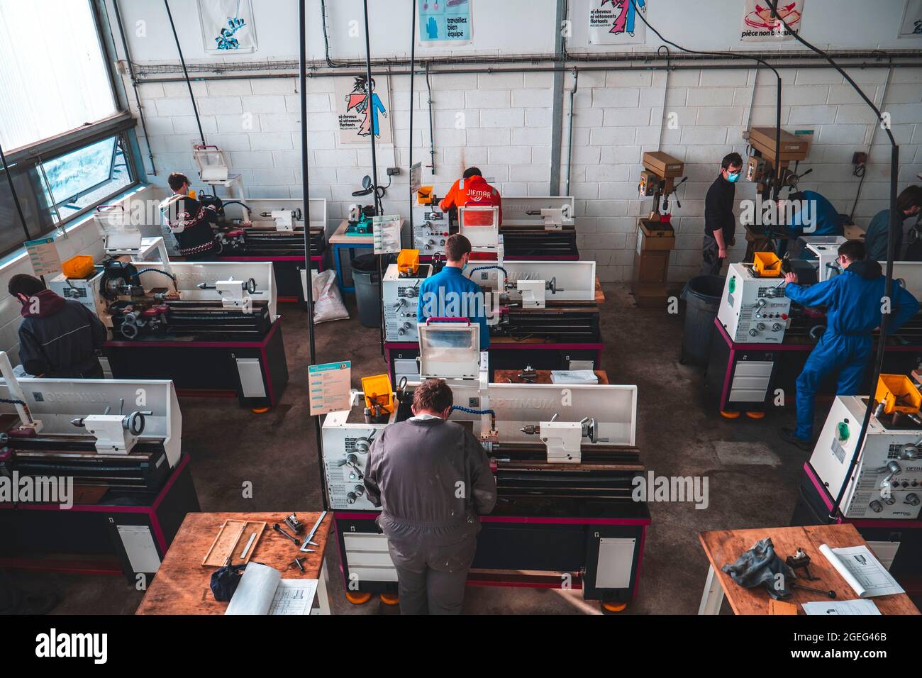 Technical college “Lycee Pierre Loti” in Paimpol (Brittany, north western France): students in the machining workshop. Maritime college preparing stud Stock Photo