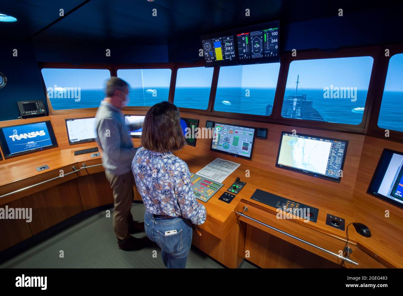 Technical college “Lycee Pierre Loti” in Paimpol (Brittany, north western France: students and teacher in a navigation simulator. Maritime college pre Stock Photo