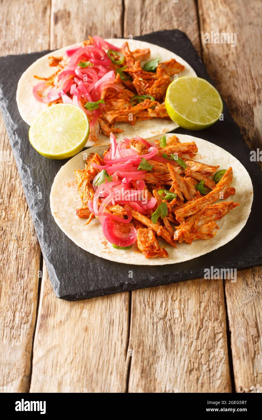 Cochinita Pibil is a traditional Mexican pork stew with tortilla and marinated onion closeup in the slate board on the table. Vertical Stock Photo