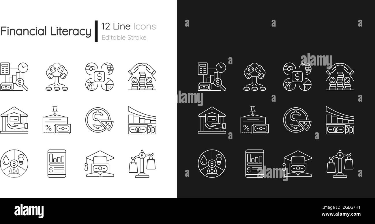 Financial literacy linear icons set for dark and light mode Stock ...