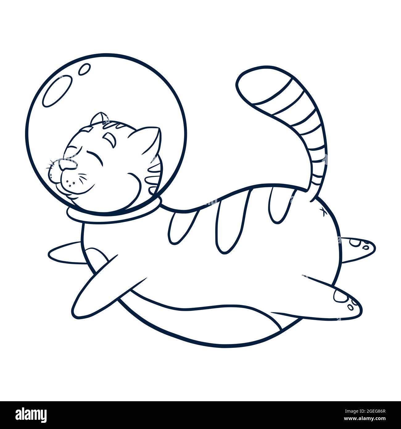 Line Art Cat Astronaut Illustration. Flying cosmic animal icon for kids graphic tees, prints, logo, coloring book and nursery decor Stock Vector