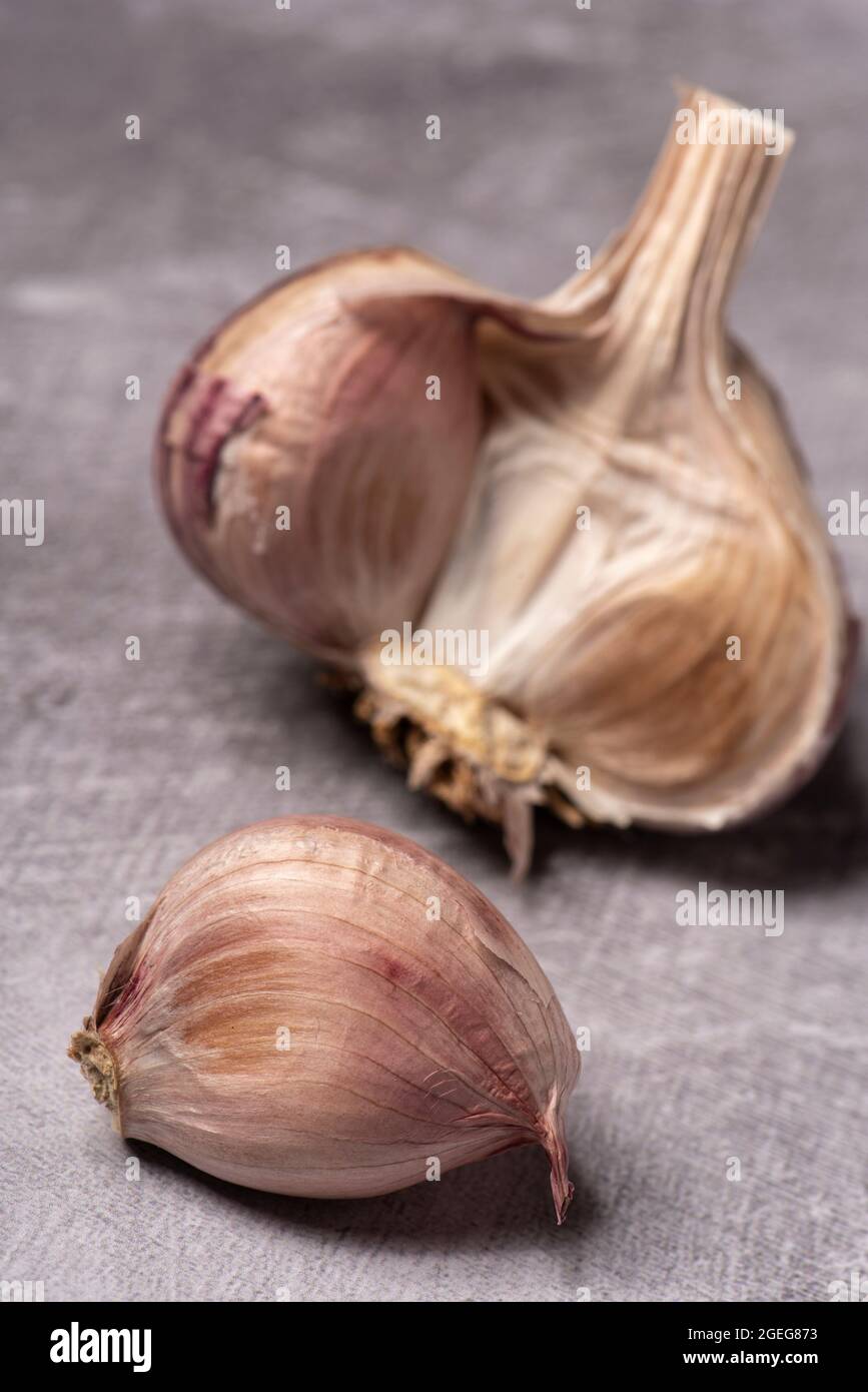A close up of a garlic clove and bulb. Stock Photo