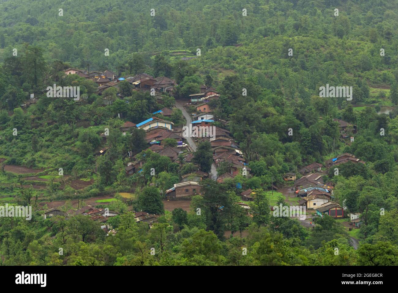 Beautiful view of thakurwadi village from the Sudhagad Fort, Raigad, Maharashtra, India. Stock Photo