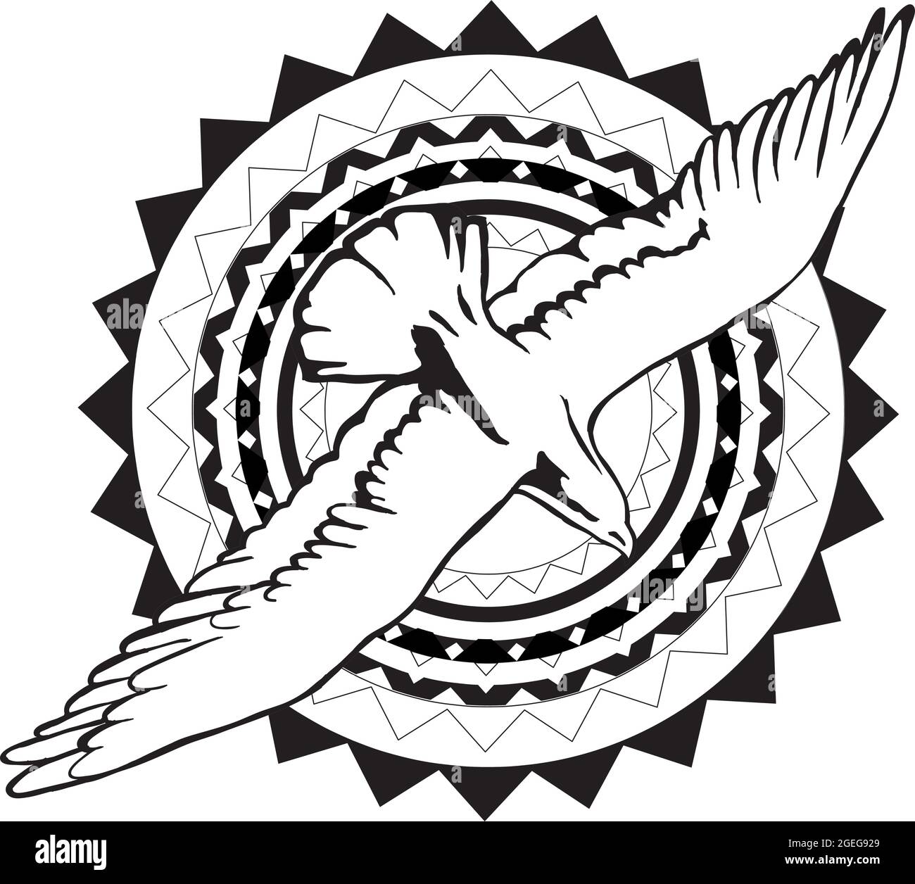 Albatross bird in a decorative circle, soaring seagull. Stock Vector